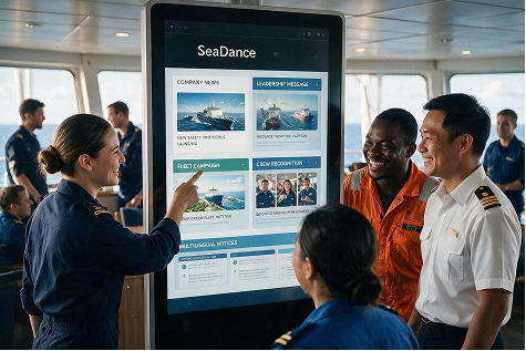 Officer using SeaDance Inform kiosk on the bridge