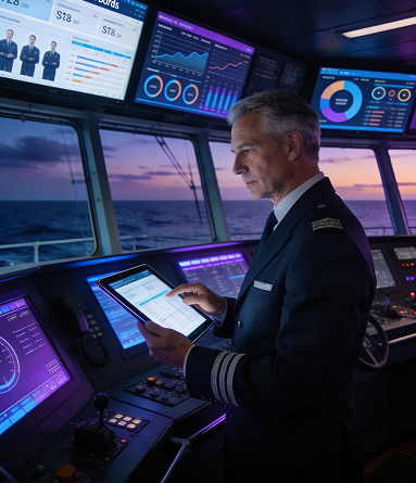 Officer using SeaDance Inform kiosk on the bridge